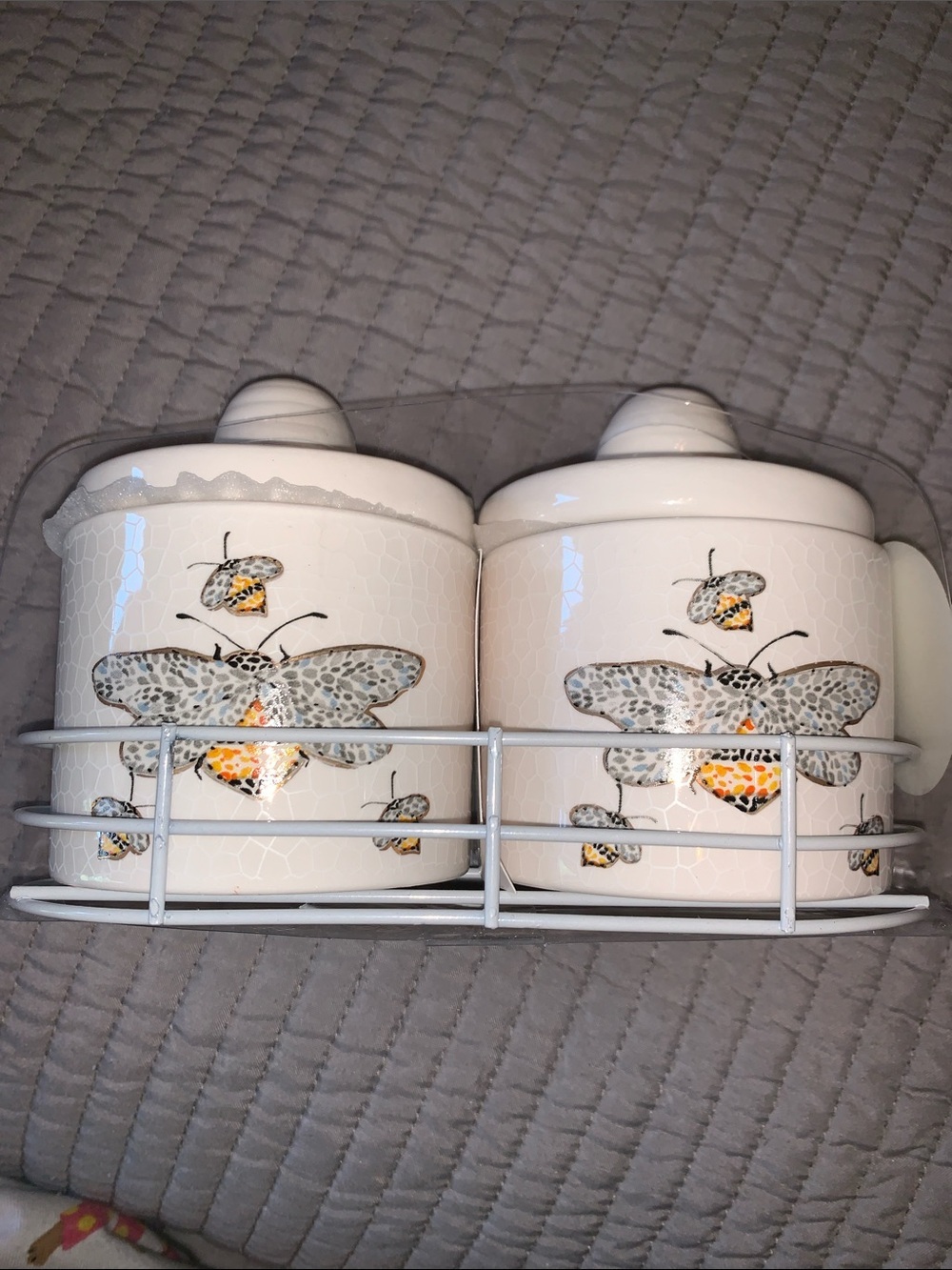 Butterfly SALT & PEPPER CELLARS & HOLDER Containers glazed glass NEW